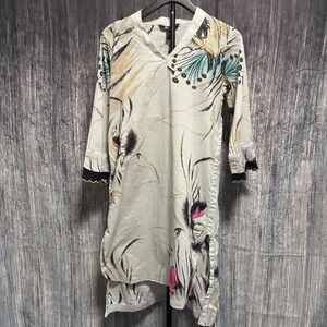 RL Pret Abstract Floral Tunic Blouse 3/4 Sleeve V-neck Light Weight Women Sz 10